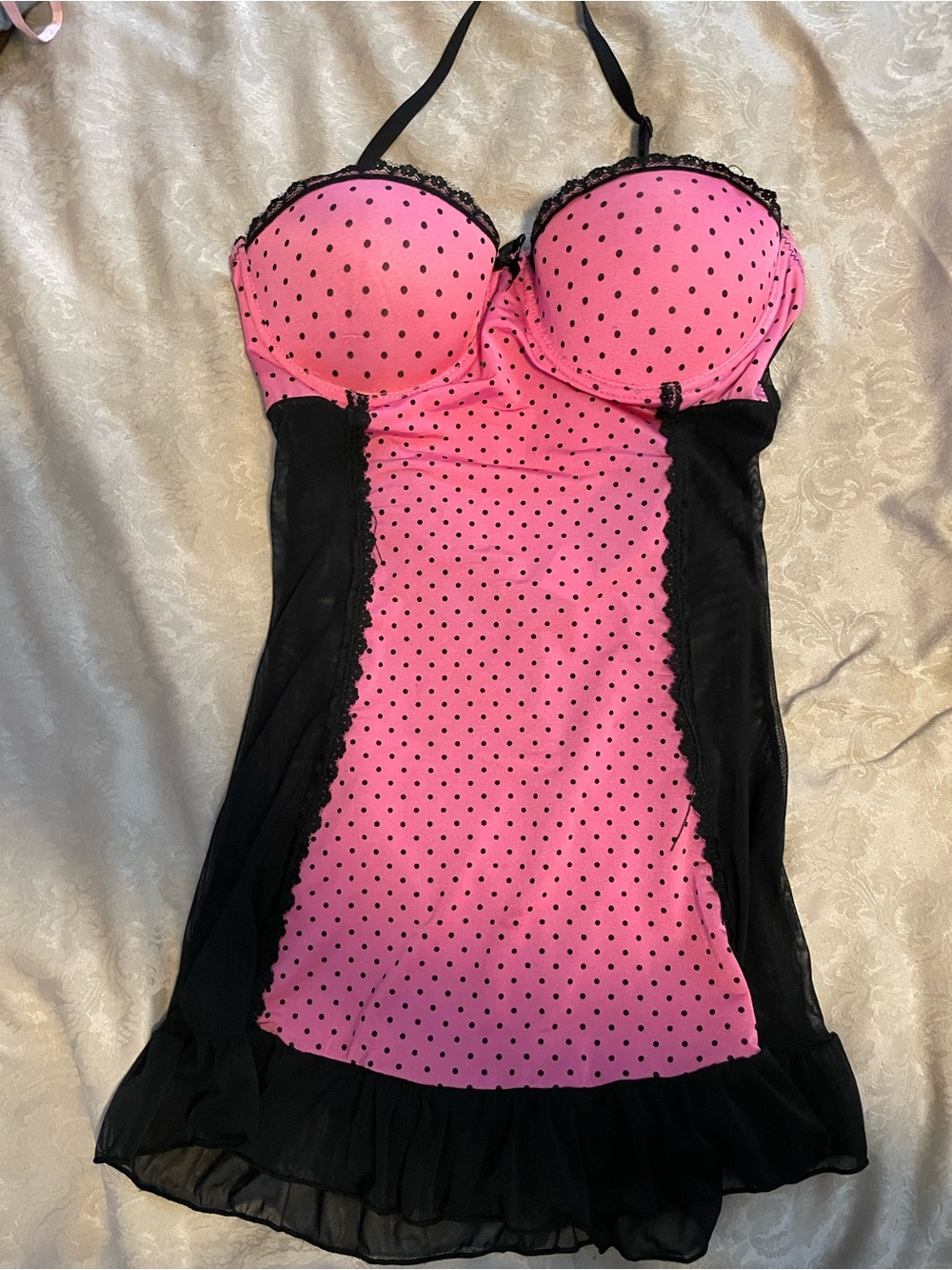 Size Medium Pink and Black Polka Dot Long Babydoll Chemise - Women Intimates